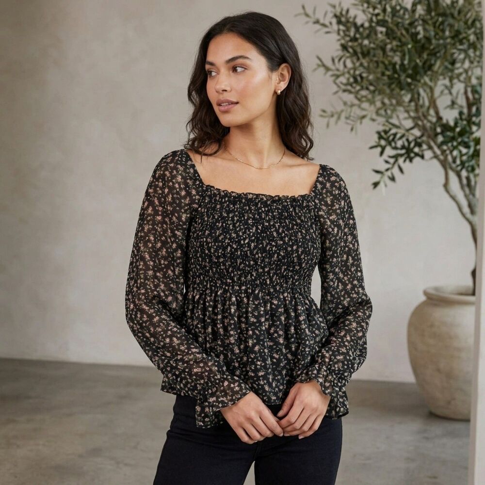 Allegra K Womens Size L Black Floral Smocked Long Sleeve Sheer Peplum Top